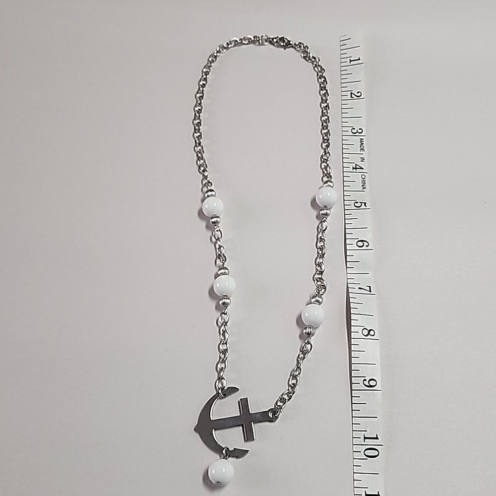 Anchor Necklace with White Round Beads Silver Tone Chain and Pendant - Picture 3 of 4